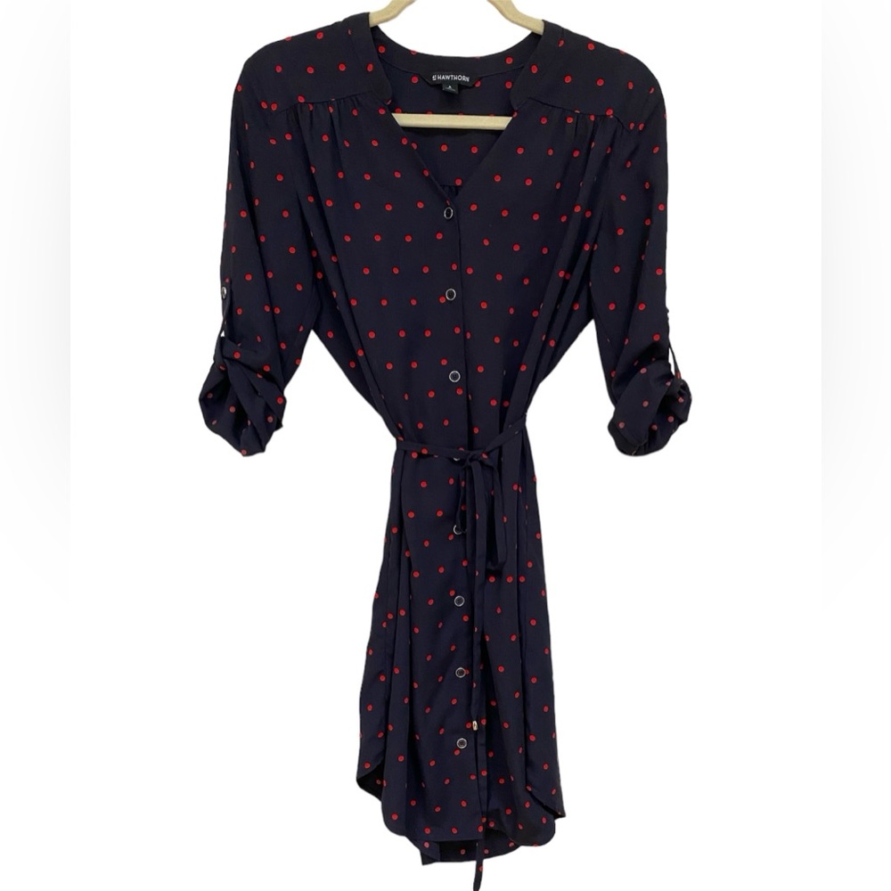 41 Hawthorn Shirt Dress womens size S Polka Dot Button Down Belted navy/red